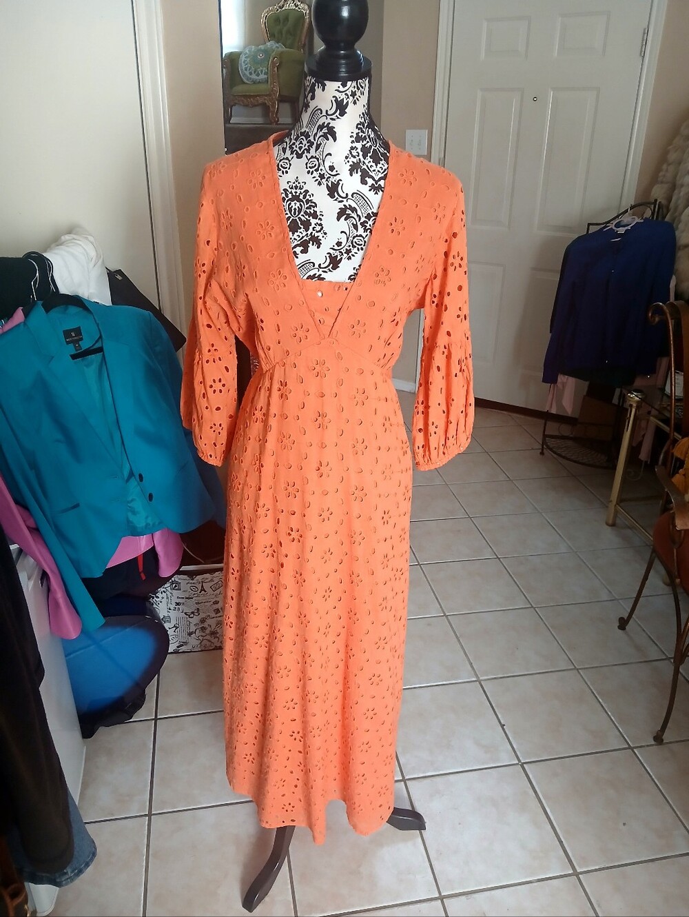 Women's Orange Eyelet V-Neck Midi Dress